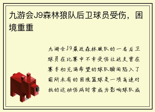 九游会J9森林狼队后卫球员受伤，困境重重