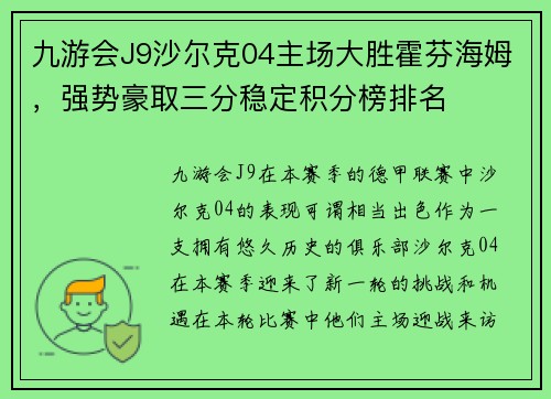 九游会J9沙尔克04主场大胜霍芬海姆，强势豪取三分稳定积分榜排名