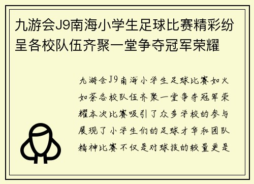 九游会J9南海小学生足球比赛精彩纷呈各校队伍齐聚一堂争夺冠军荣耀